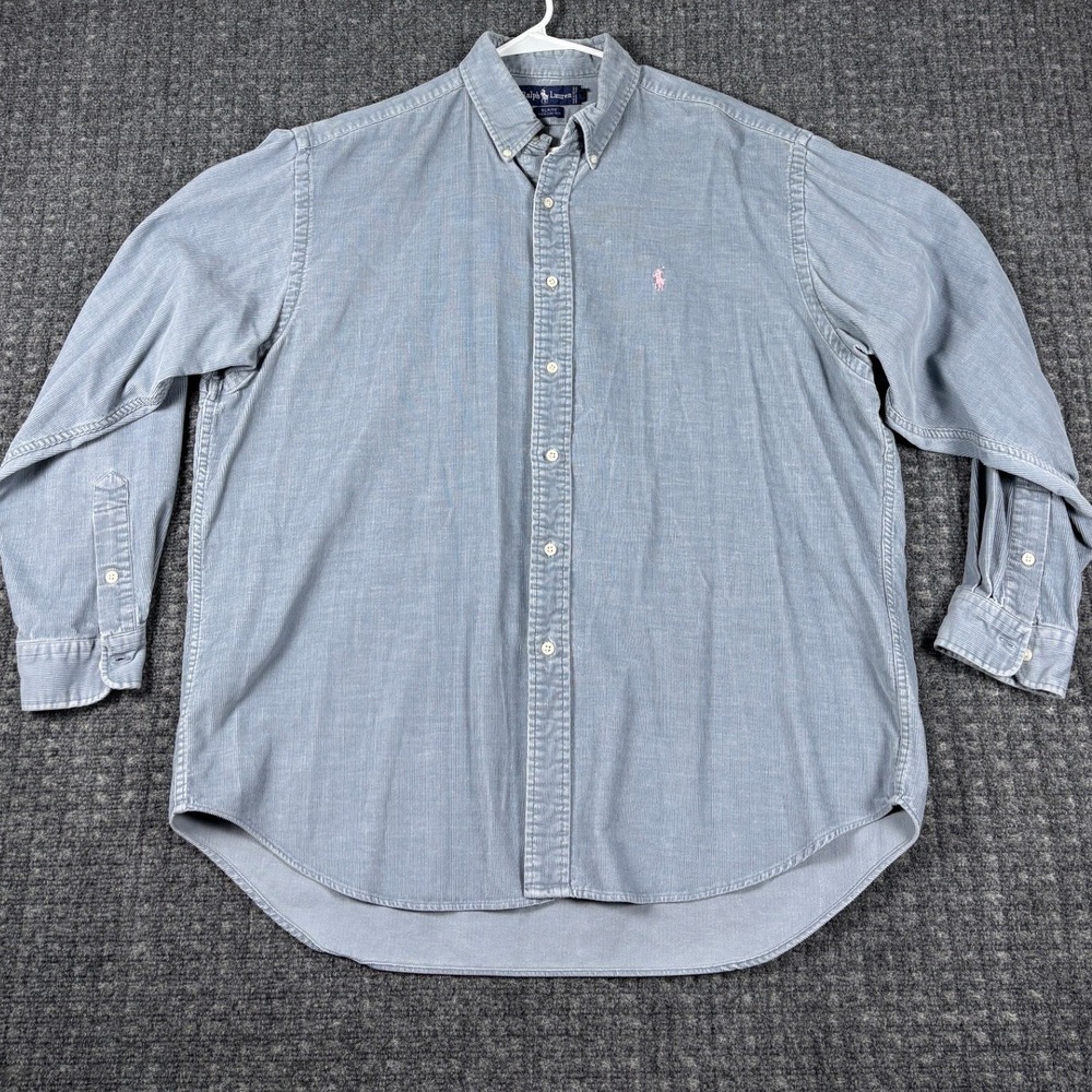 VTG Ralph Lauren Blaire Corduroy Button Down Shirt XL Blue Pink Pony Long Sleeve